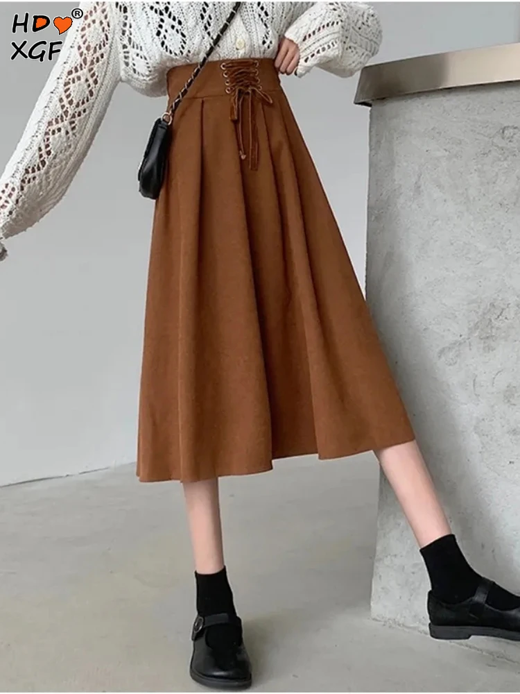 

Temperament Drawstring Elastic High Waist A-line Skirts For Women Vintage Solid Color Casual Pleated Skirt Elegant Simple Skirts