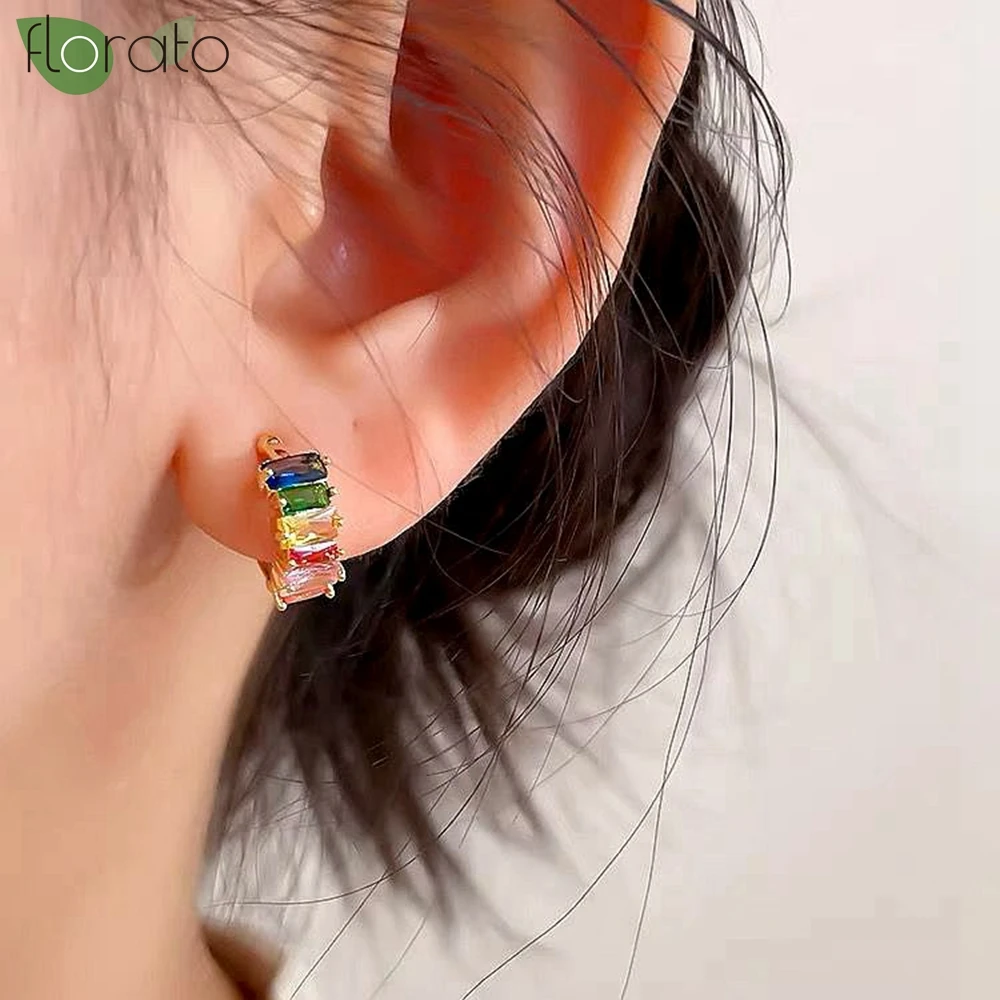 

925 Sterling Silver Needle Rainbow CZ Crystal Hoop Earrings For Women Exquisite Gold Earrings Hoop Party Premium Luxury Jewelry