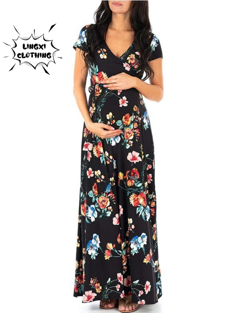 Pregnant Women's Dress Fashion Women's Printed Belt Breastfeeding Short Sleeve Spring/Summer Long Dress womens dresses