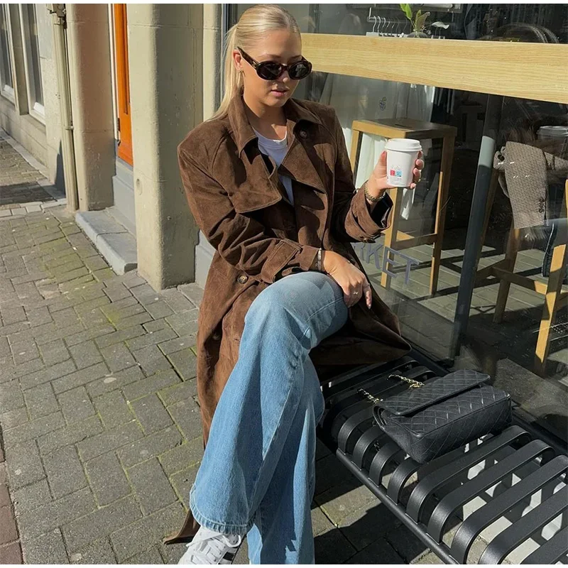 Elegant Suede Long Trench Coat Women Belt Double Breasted Full Sleeve Brown Windbreaker Autumn Lady Street Outwears New