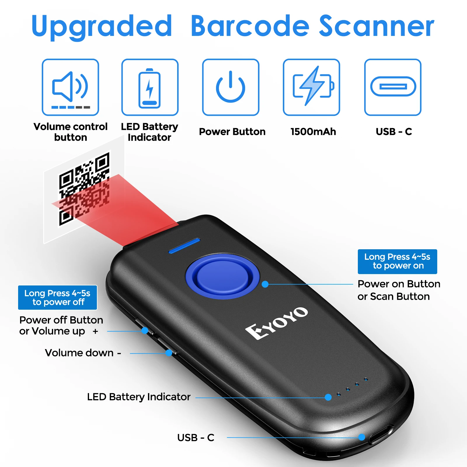 Barcode scanner Eyoyo EY-023 Barcode Scanner 1D/2D Pocket Bluetooth QR Code Reader Support Trigger Button/Auto-sensing/Continuous Scanning Mode