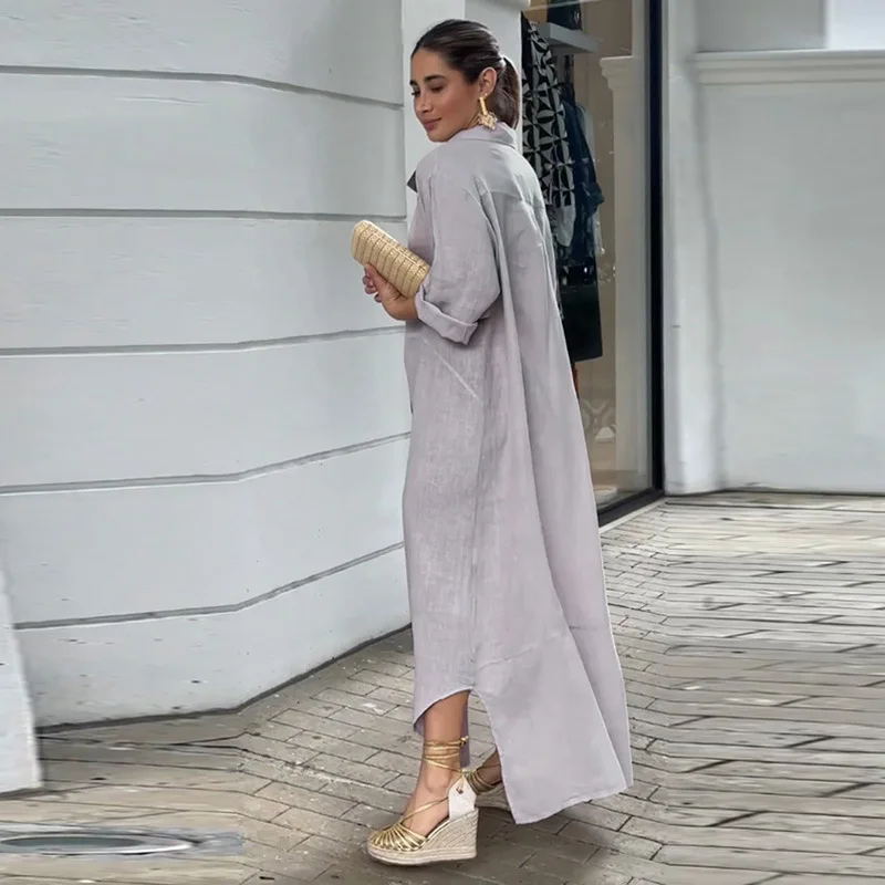 

Women Solid Cotton and Linen Dress Autumn Winter Dress Women Long Sleeve Single-Breasted Turn-down Collar Irregular Shirt Dress