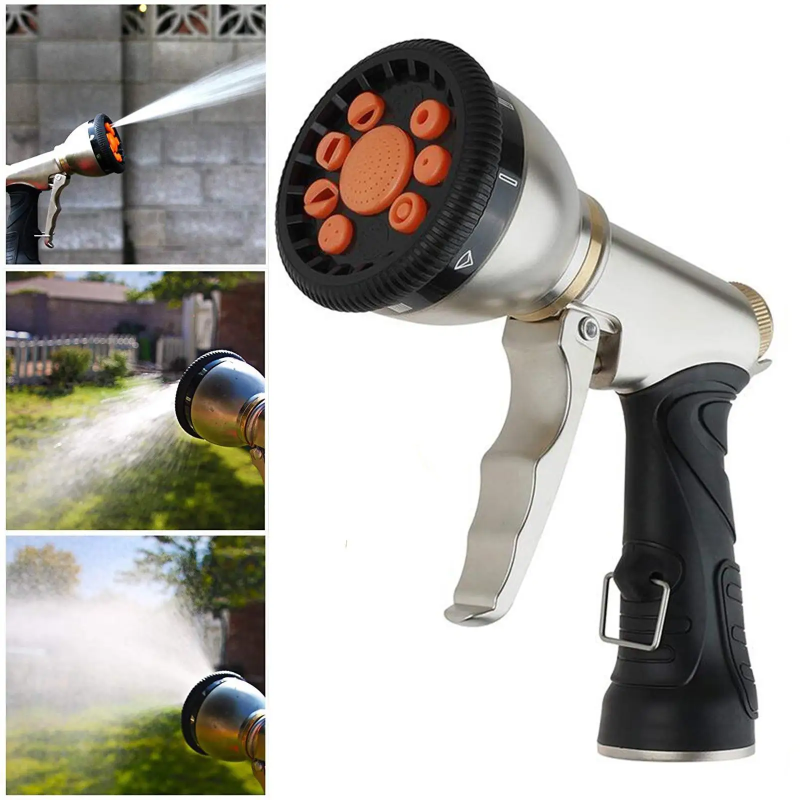 Metal Body High Pressure Garden Watering Hose Spray Nozzle 9 Spray Modes, Anti-Rust Non-Slip, made of solid zinc alloy