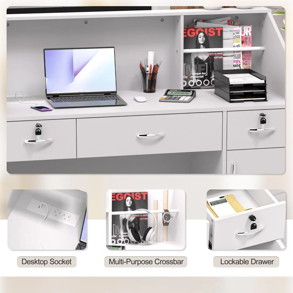 Reception Desk with Counter, Modern Front Table Equipped Lockers & Storage Shelves, 48-inch Checkout Counter with DIY Stripe 4