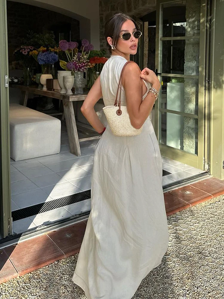 فستان طويل نسائي بدون أكمام أحادي اللون ، رقبة حرف V ، سحاب ، نحيل ، قطن ، فساتين كتان ، أنيق ، تنقل ، مكتب ، سيدة ، صيف ، موضة ، 2 فستان طويل نسائي بدون أكمام أحادي اللون ، رقبة حرف V ، سحاب ، نحيل ، قطن ، فساتين كتان ، أنيق ، تنقل ، مكتب ، سيدة ، صيف ، موضة ، 2