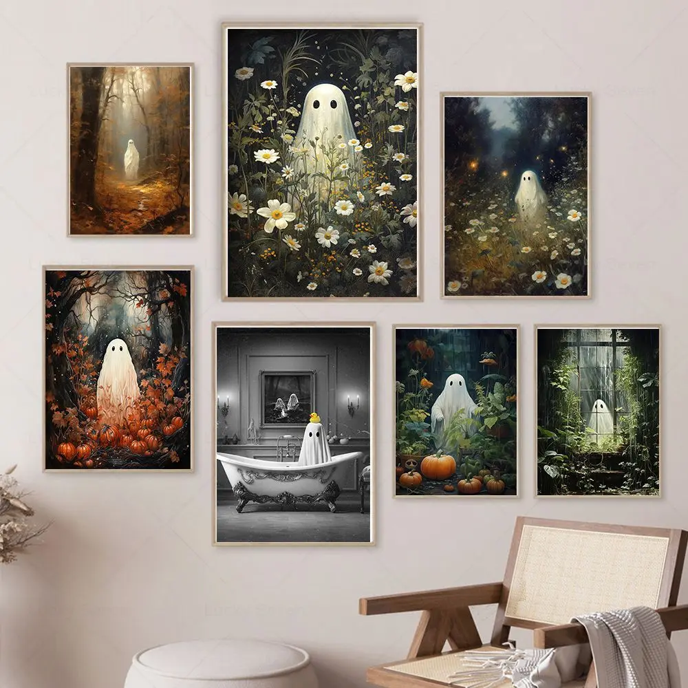 Ghost Standing in The Forest Flower Poster Creepy Horror Spooky Cute Ghost Bathroom Canvas Painting Gothic Halloween Wall Decor