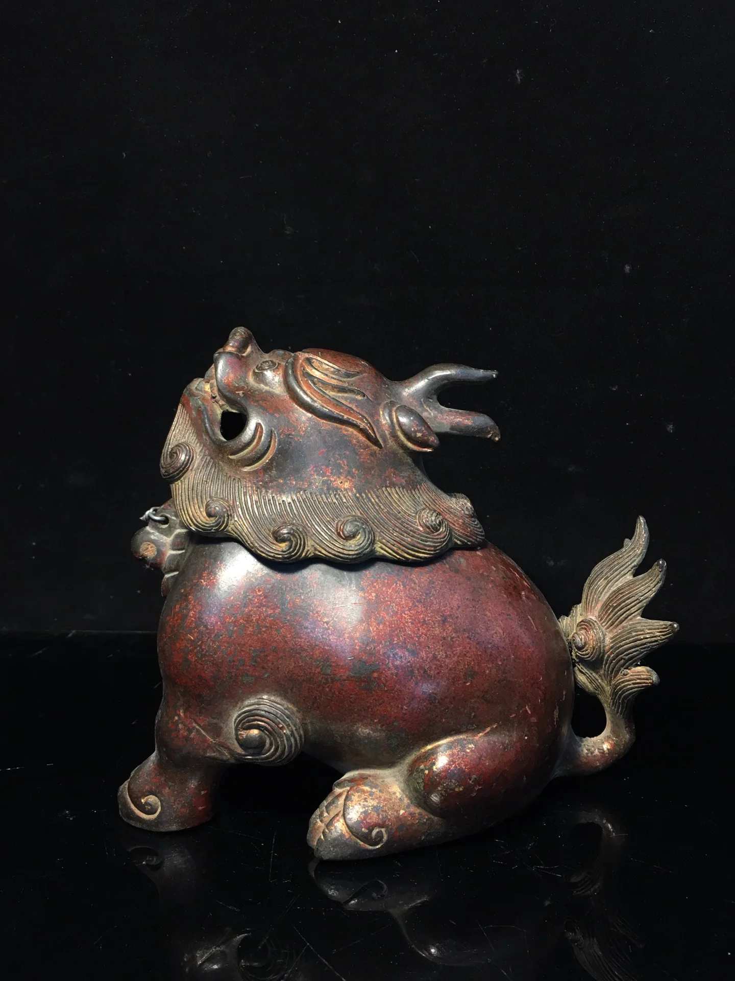 

7" Tibetan Temple Collection old bronze cinnabar mud gold roar Kirin unicorn incense burner Gather fortune Town house Exorcism