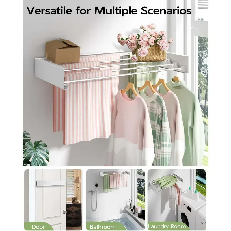 Wall Mounted Clothes Drying Rack, Foldable Wall Mount Laundry Drying Rack Folding Indoor, 5 Rods, 31.5", White 3