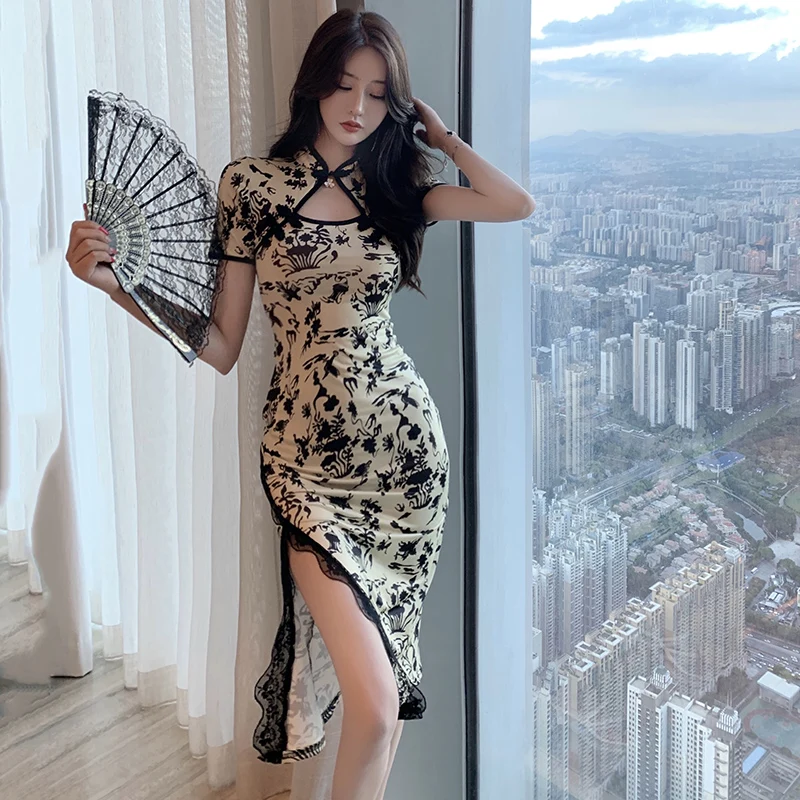 Chinese Style Floral Slim Cheongsam French Retro Lace Sexy Vintage Oriental  Qipao Party Asian Dresses For Women Bodycon Vestidos - AliExpress 200000532