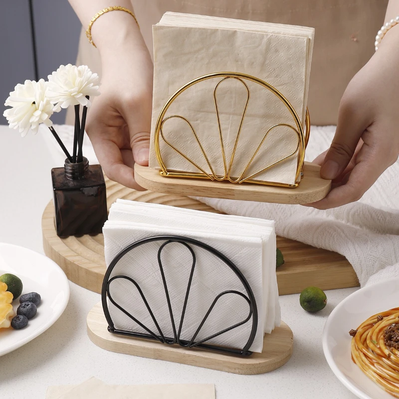 Nordic Iron Napkin Holder with Wood Base for Home and Hotel