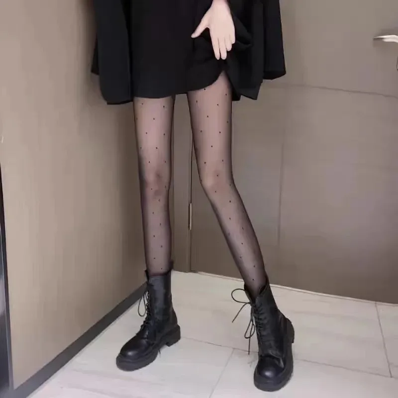 Sexy Black Stockings Tights Women Fashion Dot Print Pantyhose Summer Ulter-Thin Transparent Mesh Nylon Stretch Seamless Hosiery