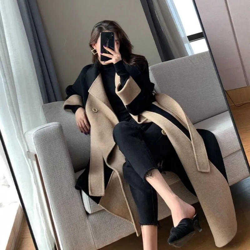 Winter New Women Woolen Coat Fashion Patchwork Double-breasted Cardigan Anti-wrinkle Lapel Trench Outwear High Sense Overcoat