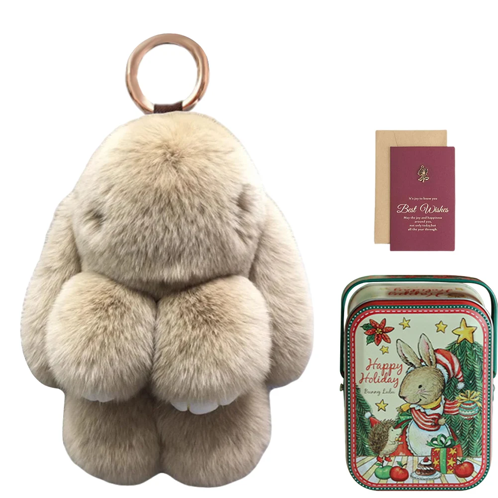Bunny Plush Keychain Christmas Bunny Keychain with Tin Box Handmade Soft Bunny PomPom Keychain Christmas Gifts for Girls Women 3