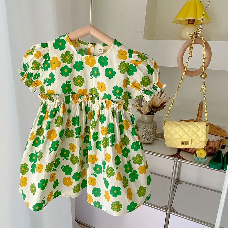 MILANCEL 2022 Summer Girls Dress Yellow Green Floral Round Neck Puff Sleeves Kids Clothes One Piece matching christmas outfits