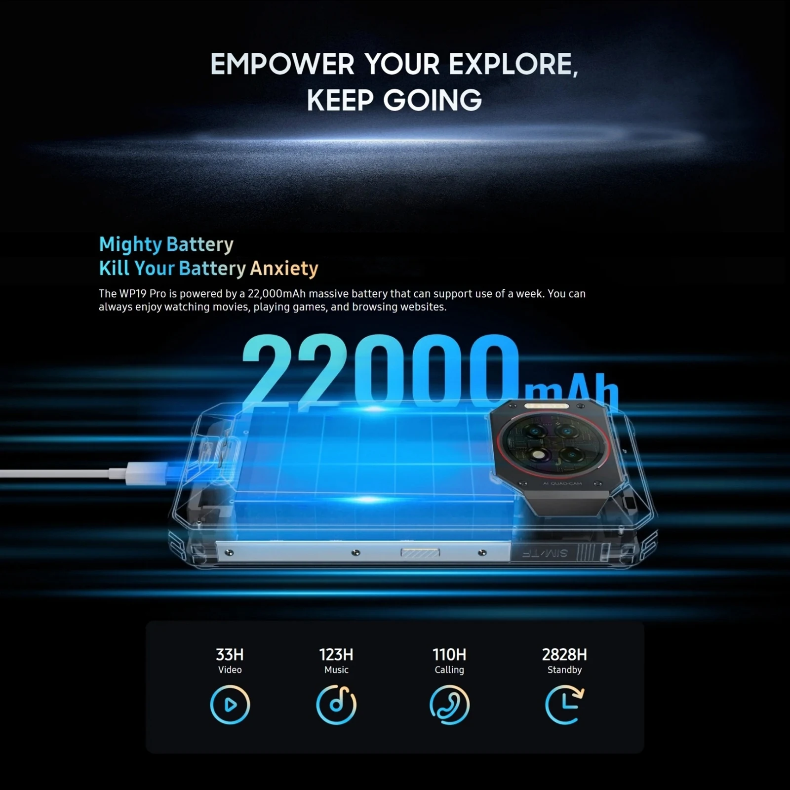 Oukitel WP19 Pro Rugged Phone 8GB+256GB 6.8inch FHD+ 64MP Camera 22000mAh MediaTek Helio G99 120Hz NFC 4G Mobile Phone