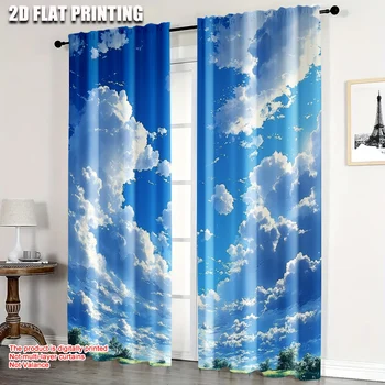 2 pezzi, tende stampa 2D cielo blu nuvole bianche lavabili in lavatrice (senza asta) decorazioni per la casa per camera da letto, soggiorno, ufficio, 1