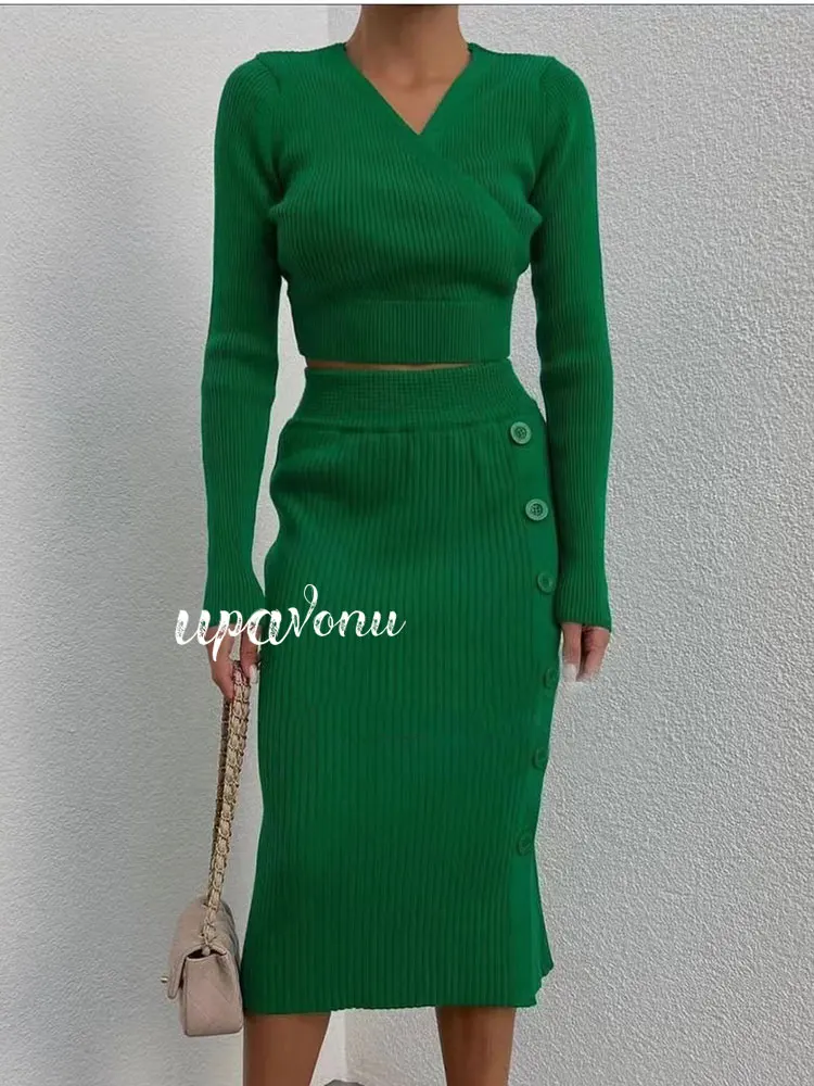

Women's Solid Color Tight Knitted Mid length Dress Set V-neck Long Sleeve Short Pullover Knit Shirt+High Waist Skirt 2 Piece Set
