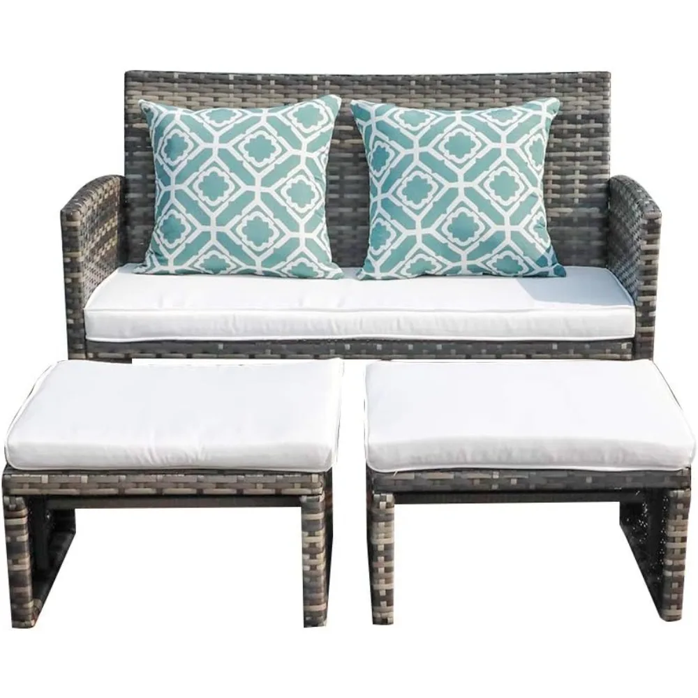 Outdoor Loveseat Patio Furniture Rattan Conversation Set with Ottoman, White Cushions, Grey Wicker, Pillows Included 2