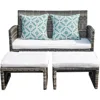 Outdoor Loveseat Patio Furniture Rattan Conversation Set with Ottoman, White Cushions, Grey Wicker, Pillows Included 2