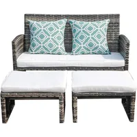 Outdoor Loveseat Patio Furniture Rattan Conversation Set with Ottoman, White Cushions, Grey Wicker, Pillows Included 2
