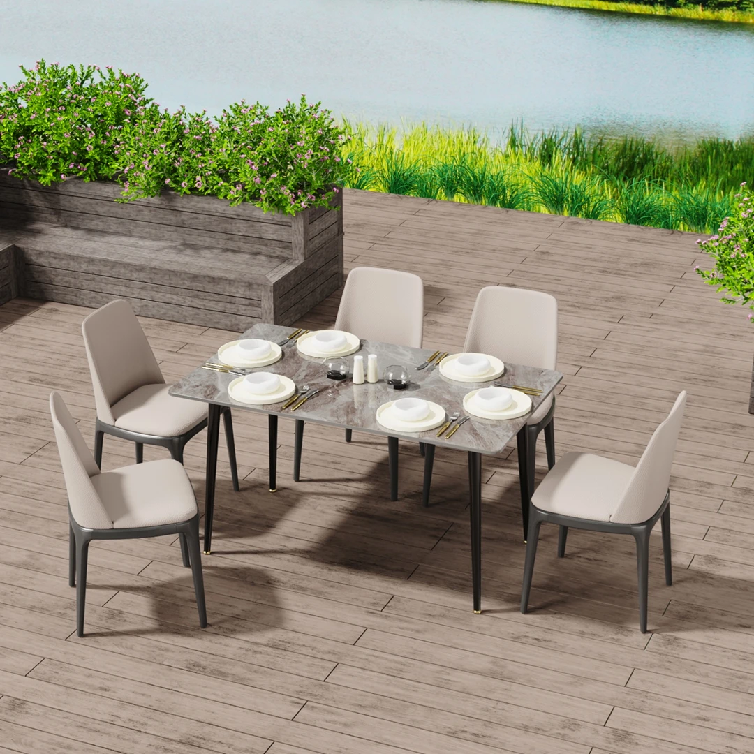 Modern Rectangular Dining Table with Sintered Stone Top & Black Metal Legs | Ideal for Kitchen, Living Room & Restaurant