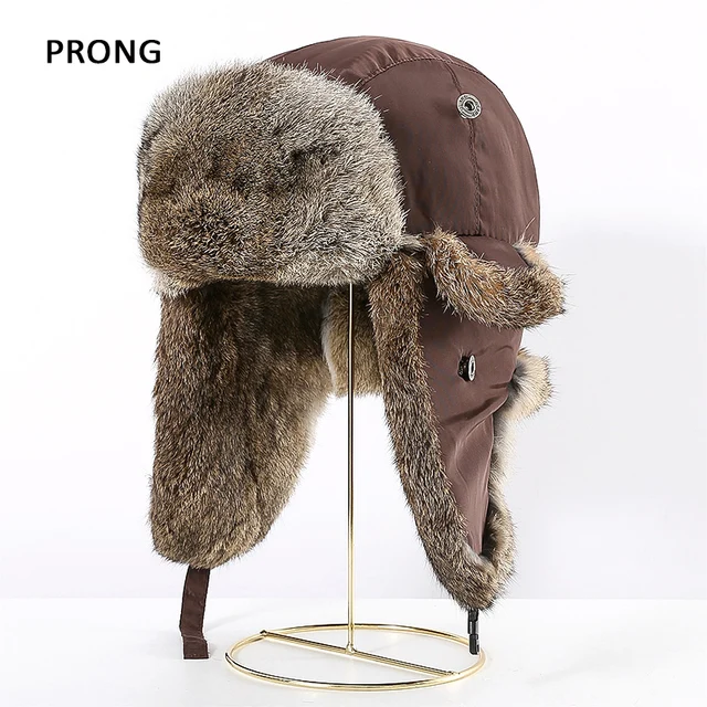 Mens Women Unisex Bomber Hat Winter Trapper Aviator Trooper Earflap Real Rabbit Fur Russian Hat Thick Warm Flaps Ski Cap 2