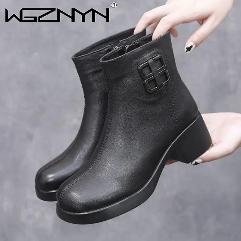 

Женские модные короткие ботинки, новинка 2023, Женская осенне-зимняя обувь из натуральной кожи, ботильоны с круглым носком, Нескользящие, для банкета, женские ботильоны