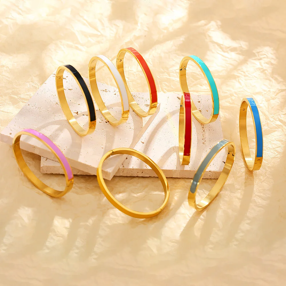 CARLIDANA Luxury Colorful Orange Enamel Bangles Bracelets for Women Party Gift Fashion Bangles Original Stainless Steel Jewelry 2