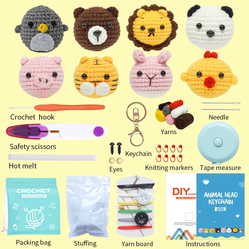 8Pcs Crochet Kit For Beginner Complete Crochet Knitting Kit Cute Animal Dolls Starter Pack with Yarn Keychain DIY Craft