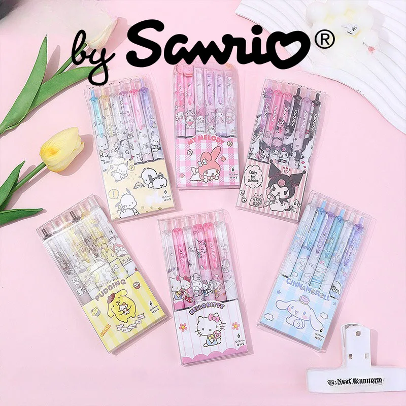 

6pcs Sanrio Waves Hello Kitty Kuromi Cinnamoroll Press Gel Pen Japanese Stationery Kawaii School Useful Anime Cute Items Student