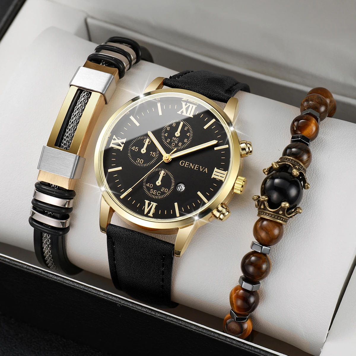 3PCs/Set Fashion Men's Watch Luxury Leather Band Quartz Watch with Tiger Eye Buddha Bead Titanium Steel Bracelet Set(No Box)