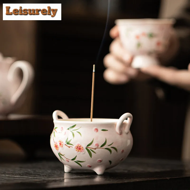 Hand-painted Peach Blossom Incense Holder Water Fountain Decoration Incense Burners Meditation Censer Indoor Decoration Supplies