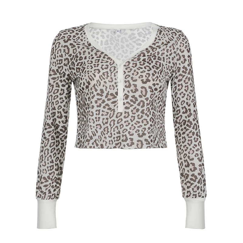 Stylish Women Leopard Print T-shirt Y2K Street Outfits Ribbed Long Sleeve Button Up Fitted Cropped Top Casual Retro