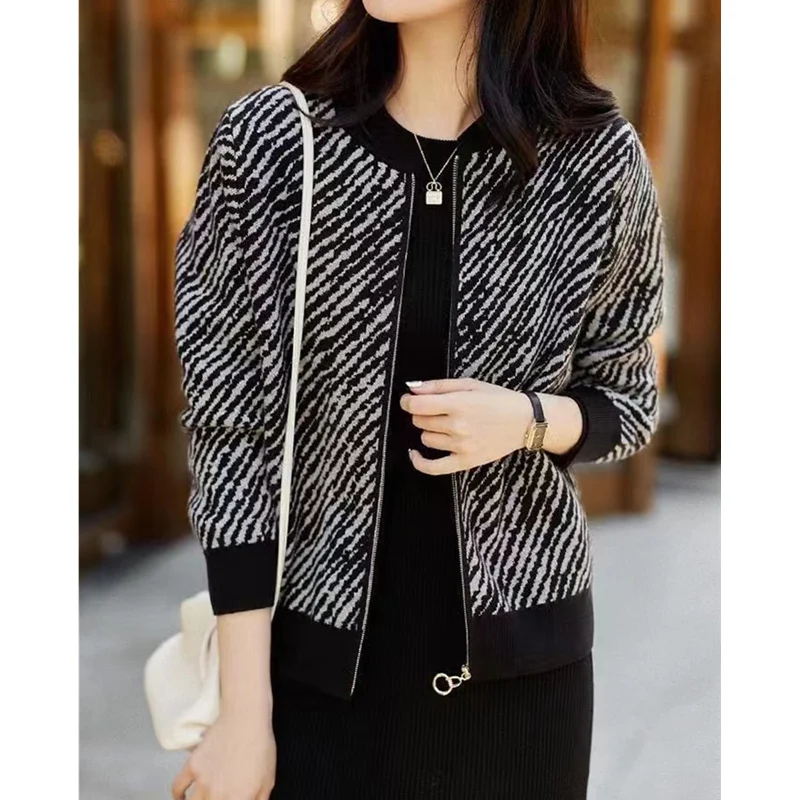 여성용 모던 레오파드 프린트 지퍼 니트 캐시미어 가디건, 가을 겨울 루즈 울 재킷, 캐주얼 짧은 스웨터