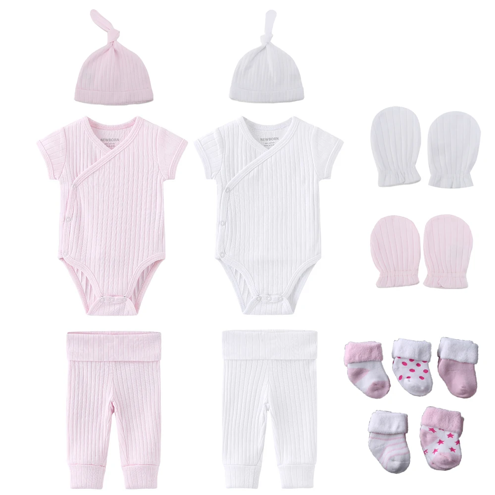 Unisex Baby Girl Clothes Newborn Gift Set 100%Cotton Solid Bodysuits+Pants+Gloves+Hats+Socks Short Sleeve Baby Boy Clothes baby clothing set essentials Baby Clothing Set