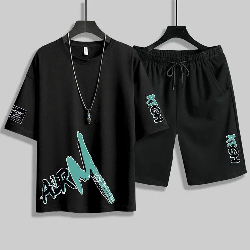 thumbnail image 1 of Ropa para hombre Camiseta negra Trajes deportivos con alfabeto para hombre Pantalones deportivos Conjuntos de pantalones Top estampado Chándal de manga corta básico, 1 of 5