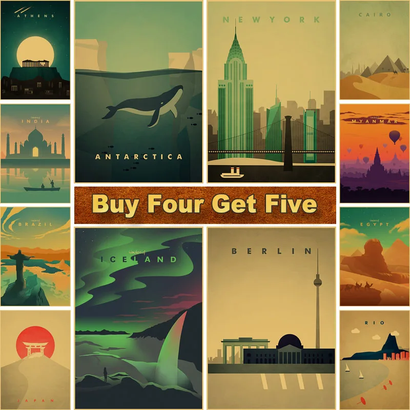 

Famous Travel City Retro Poster, New York, Paris, Ireland, Wall Art, Kraft Paper, Painting Pictures for Living Room, Home Decor