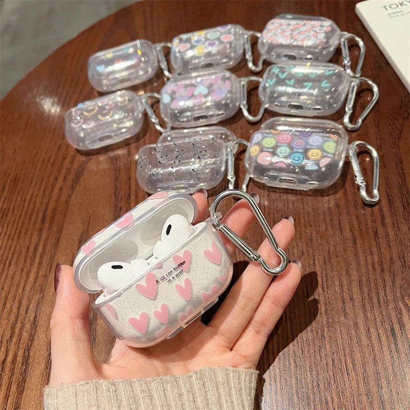 Custodia Per Auricolari In Silicone Morbido Trasparente Per Apple Airpods Pro 2 Glitter Hearts Love Cover Colorata Funda Per Air Pods 3 1 2 Con Gancio