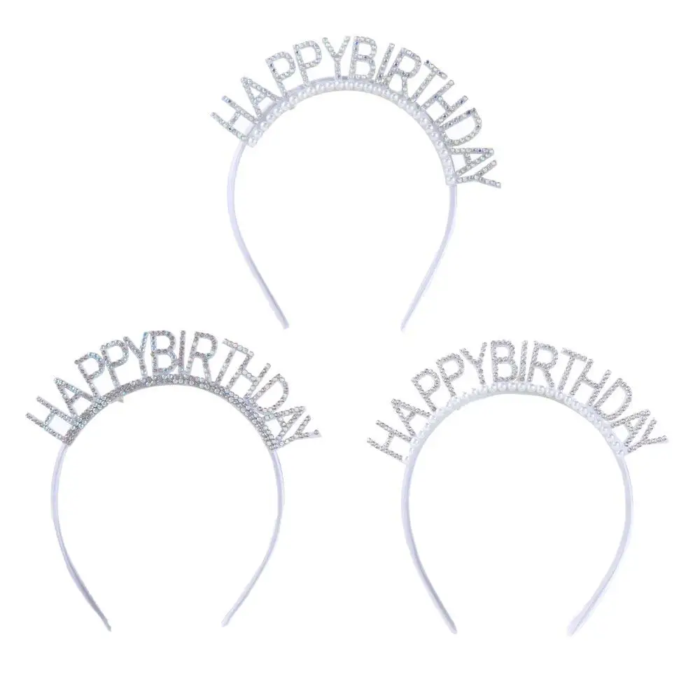 

Women Simple Alloy Birthday Gift Letter Queen Happy Birthday Headband Rhinestone Crown Birthday Hair Hoop Female Jewelry