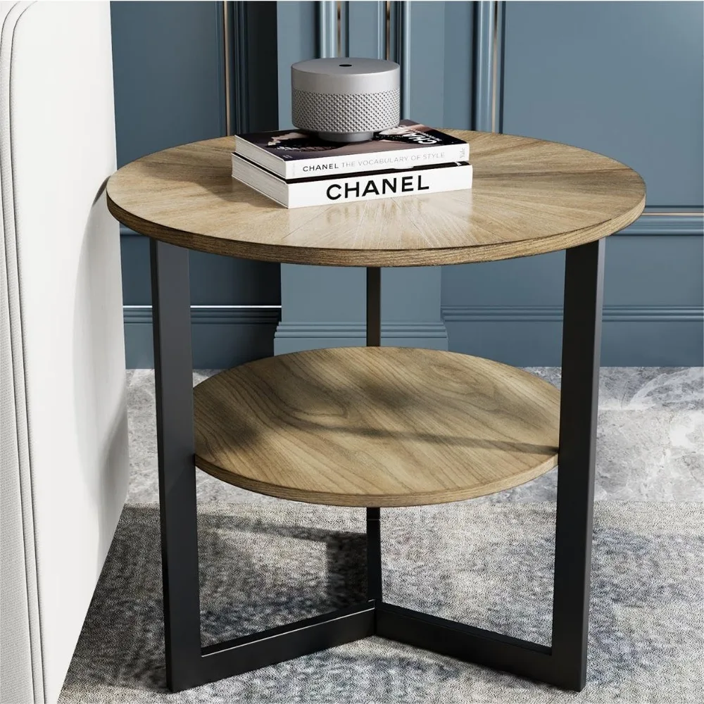 

Round End Table with Storage, Farmhouse Circle Side Table for Living Room, Solid Wood 2-Tier Nightsta 25.2" D x 24" H, CJZ-1338