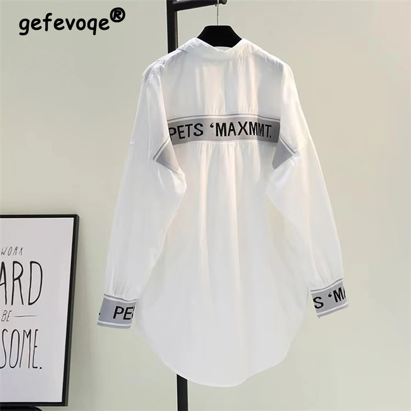 

Womens Clothing 2023 Trendy Letter Print Patchwork Shirt Y2K Streetwear Oversize Irregular Tops Simple Long Sleeve Blouse Blusas