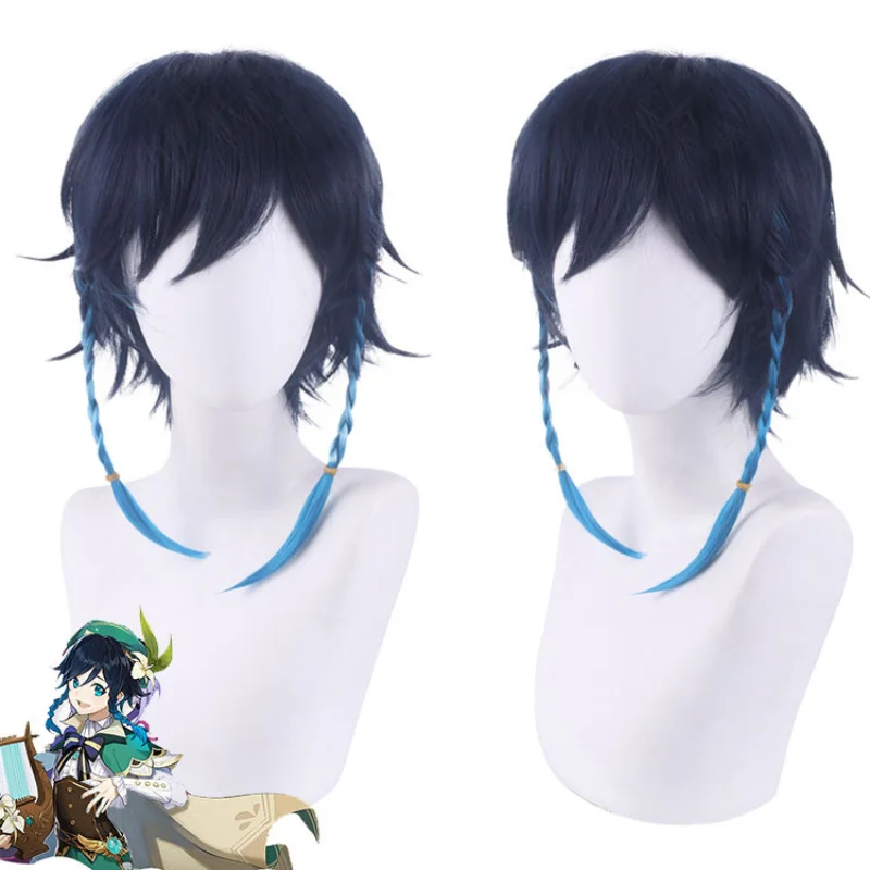 

Game Genshin Impact Barbatos Wig Cosplay Playing Powder Short Blue Gradient Braided Hair Halloween 35cm Wigs Heat Resistant