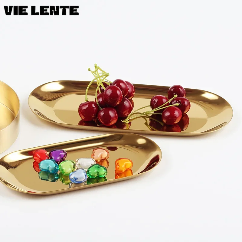 Golden Oval Plate for Makeup Table Jewelry Tray Stainless Steel Fruit Tray Kitchen Organizer Decorative