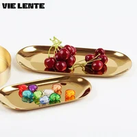 Golden Oval Plate Makeup Table Jewelry Tray Stainless Steel Fruit Tray Metal Desktop Makeup Storage Kitchen Organizer Decorative 2