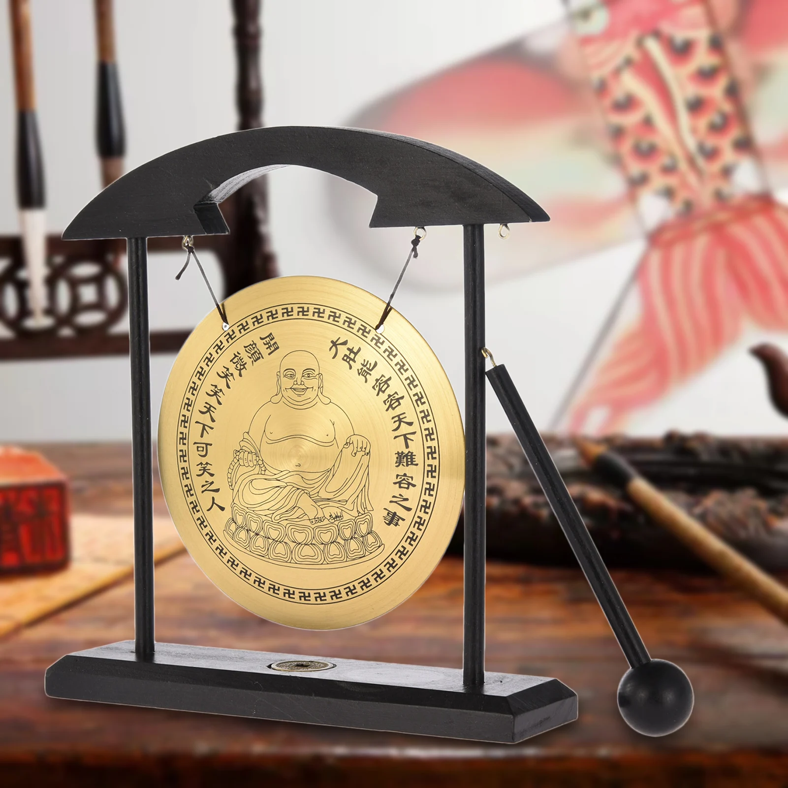 Feng Shui Desktop Gong Zen Art Brass Gone With Wooden Chime Seated Buddha Figurine Percussion Instruments For Zen Decor