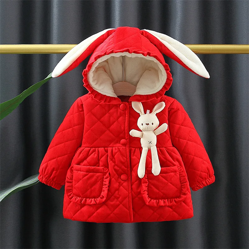 Winter New Girls' Long Sleeved Plus Plush Thick Hooded Long Ear Two Pocket Single Breasted Jacket+Rabbit Accessories
