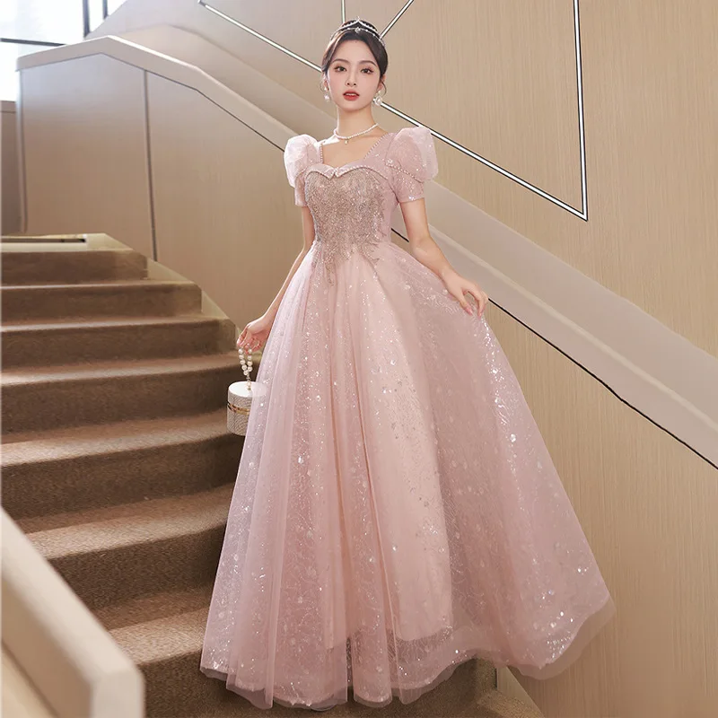 French Pink Evening Dress Women Elegant Square Collar Sequin