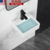 Wall Mount Small Ceramic Vessel Sink Rectangular White Mini Floating Bathroom Basin 13"x11" Tiny Countertop Sink Long-lasting 1