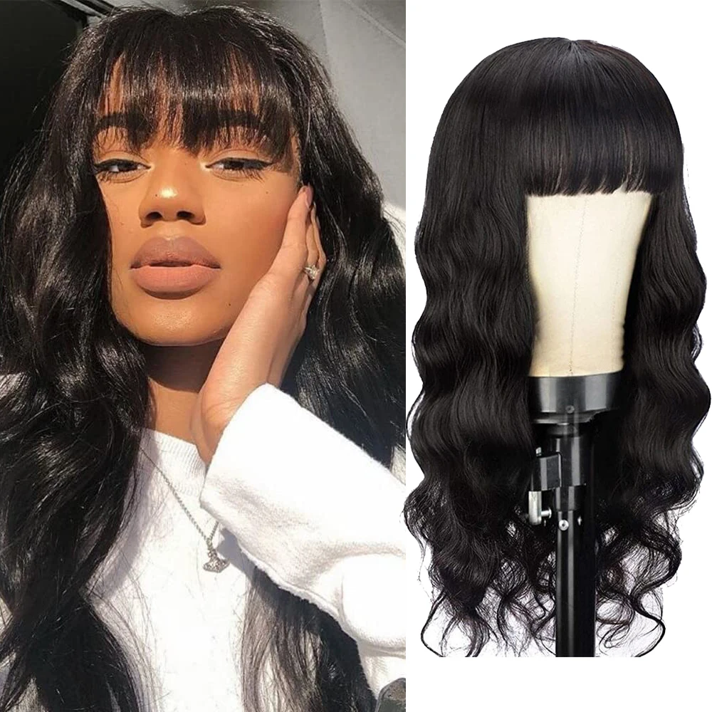 

Brazilian Virgin Body Wave Human Hair Wigs With Bangs 180% Density None Lace Front Wigs Glueless Machine Made Wigs Natural Color