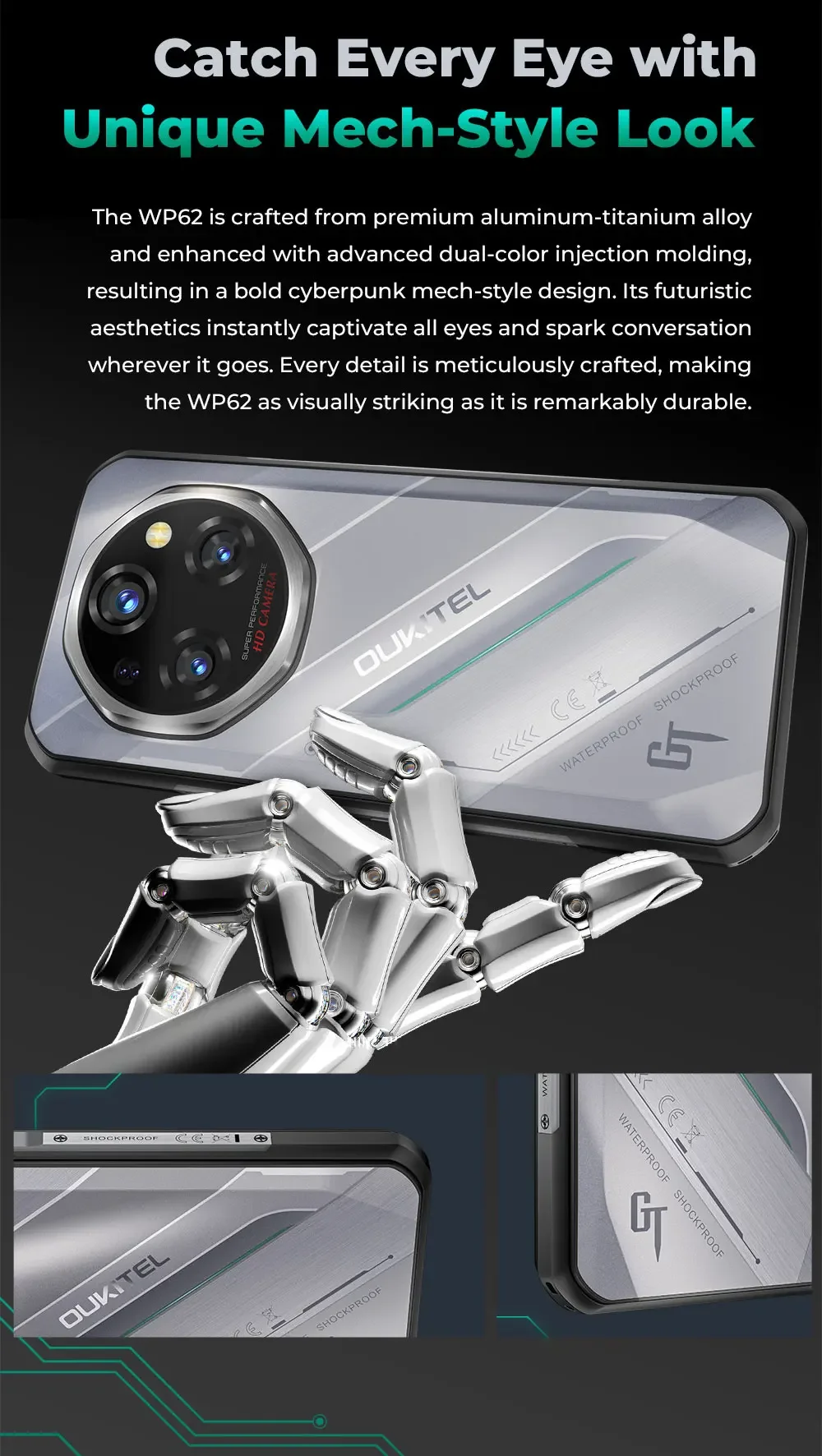 OUKITEL WP62 Rugged Smartphone Android 15 36GB(12+24) RAM 512GB ROM 11000mAh 33W 6.6'' FHD+ Display 108MP NFC Mobile Phone